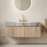 48" Brown Wood Floating Double Door Bathroom Vanity With White Sink