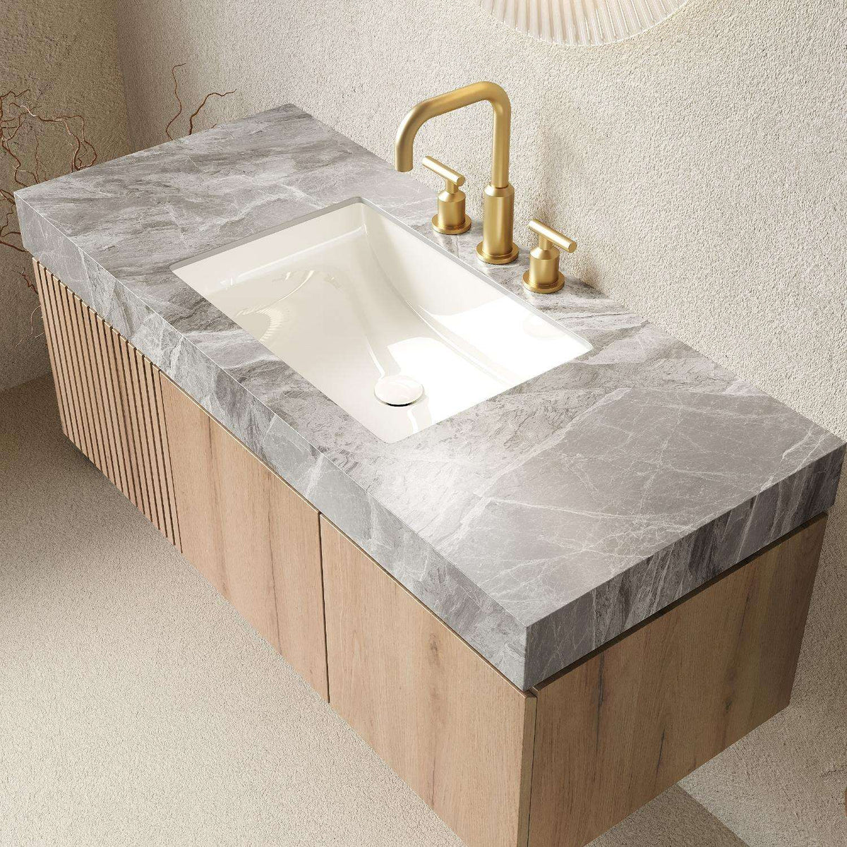 48" Brown Wood Floating Double Door Bathroom Vanity With White Sink