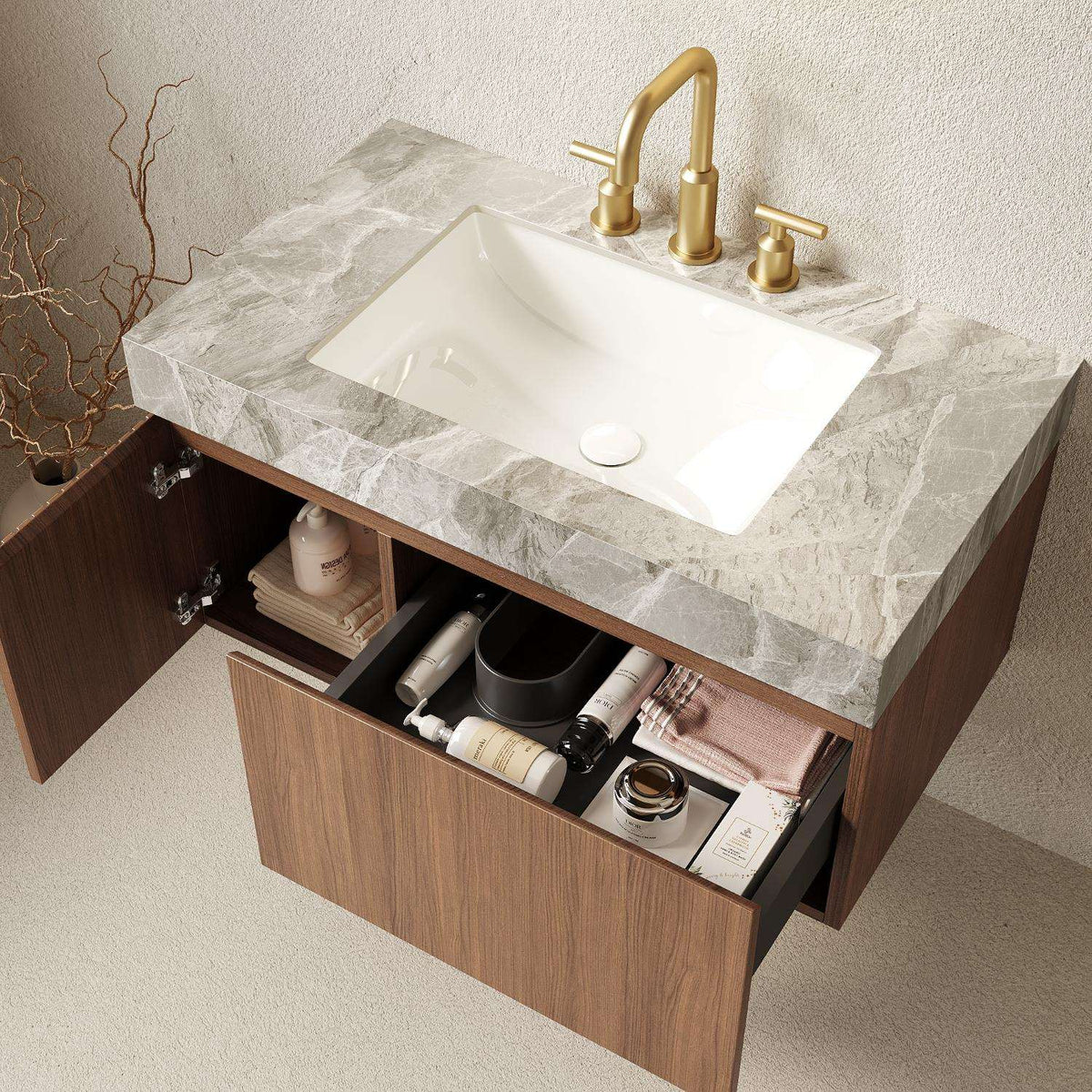 36" Brown Wood Floating Single Door Bathroom Vanity With White Sink - HomeRoots - Flyclothing LLC