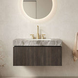 36" Black Wood Floating Single Door Bathroom Vanity With White Sink