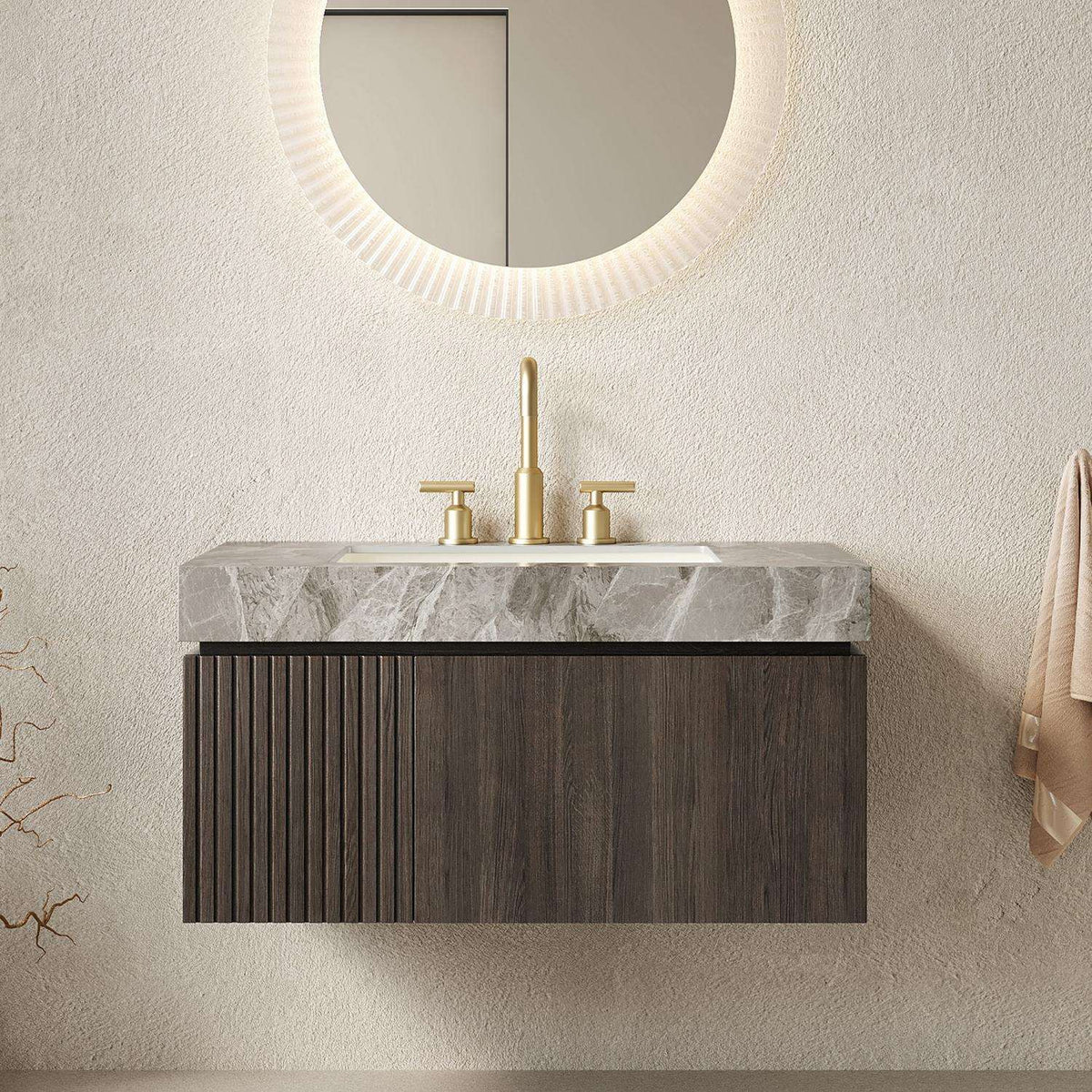 36" Black Wood Floating Single Door Bathroom Vanity With White Sink