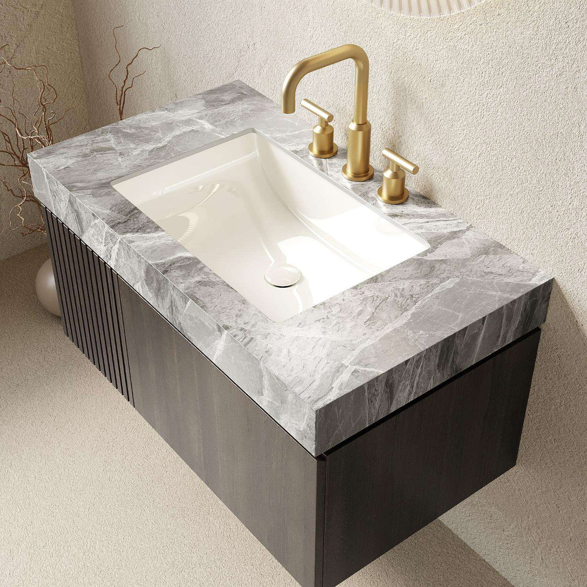 36" Black Wood Floating Single Door Bathroom Vanity With White Sink