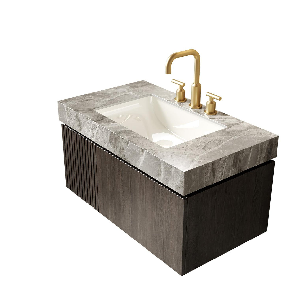 36" Black Wood Floating Single Door Bathroom Vanity With White Sink