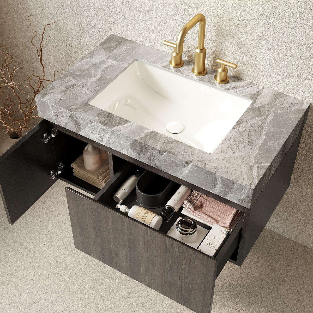 36" Black Wood Floating Single Door Bathroom Vanity With White Sink
