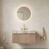 36" Brown Wood Floating Single Door Bathroom Vanity With White Sink