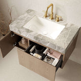 36" Brown Wood Floating Single Door Bathroom Vanity With White Sink