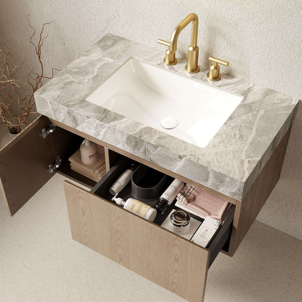 36" Brown Wood Floating Single Door Bathroom Vanity With White Sink