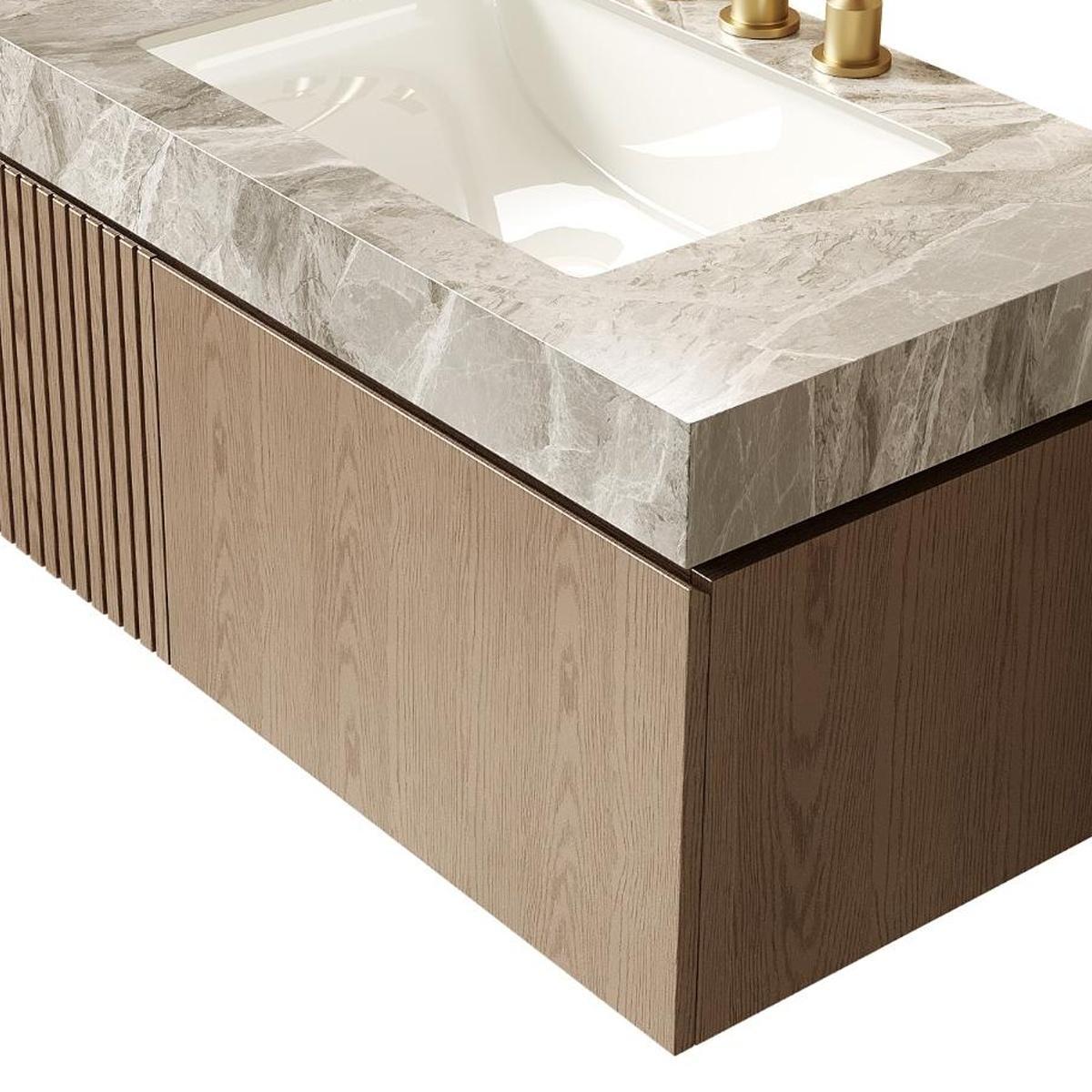 36" Brown Wood Floating Single Door Bathroom Vanity With White Sink