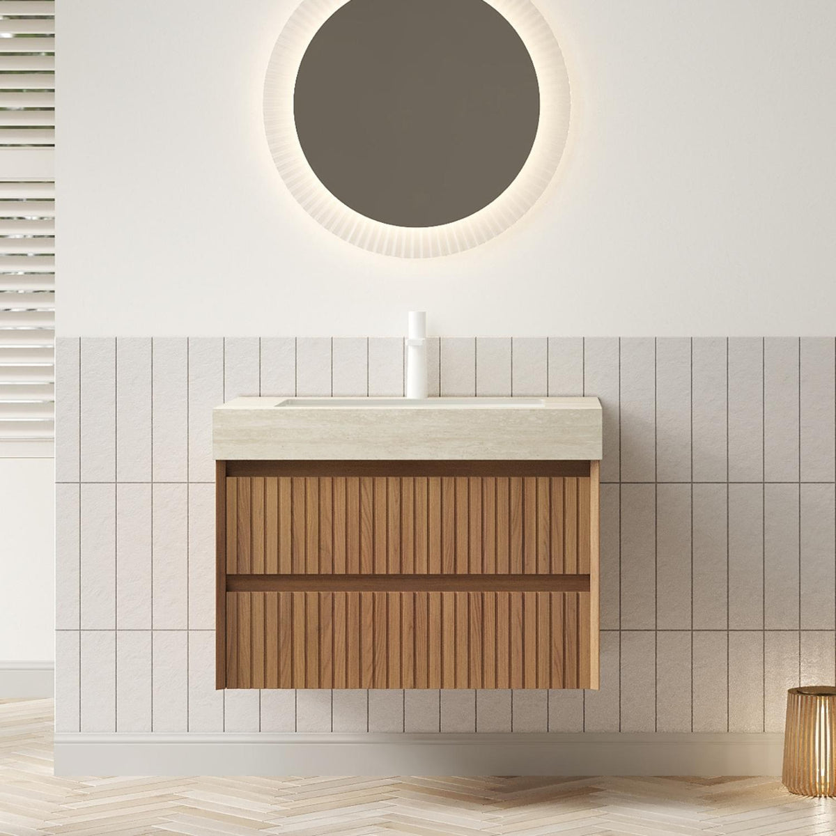 30" Brown Wood Floating Bathroom Vanity With White Sink And Two Drawers - HomeRoots - Flyclothing LLC