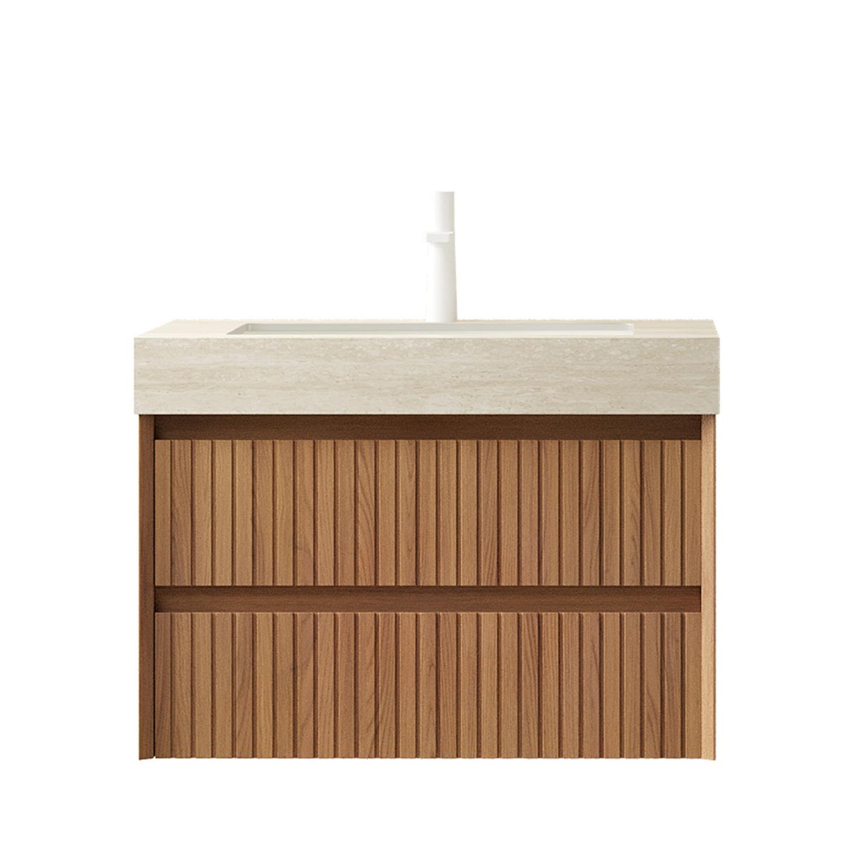 30" Brown Wood Floating Bathroom Vanity With White Sink And Two Drawers - HomeRoots - Flyclothing LLC