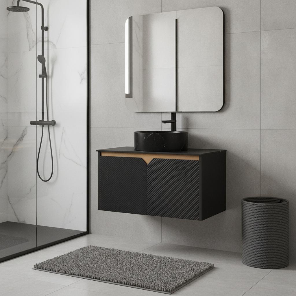 30" Black Wood Floating Double Door Bathroom Vanity With Sink - HomeRoots - Flyclothing LLC