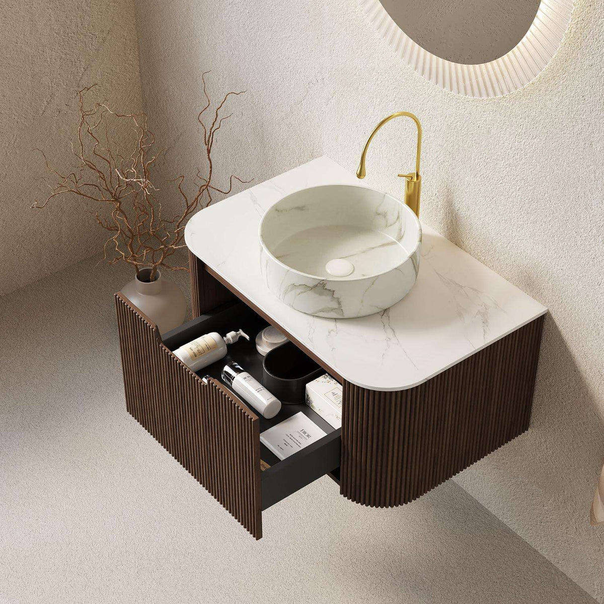 30" Brown Wood Floating Bathroom Vanity With White Sink - HomeRoots - Flyclothing LLC