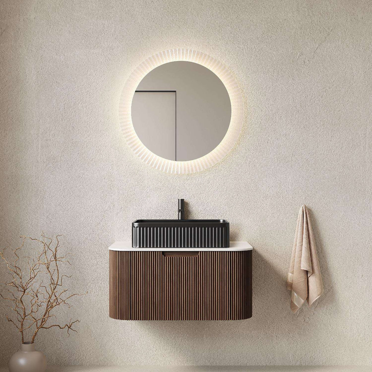 30" Brown Wood Floating Bathroom Vanity With Black Sink