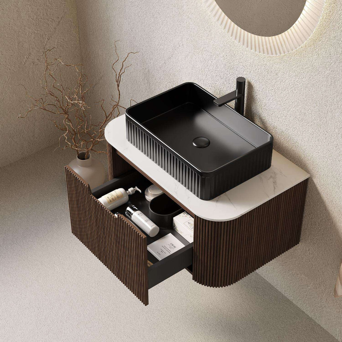 30" Brown Wood Floating Bathroom Vanity With Black Sink