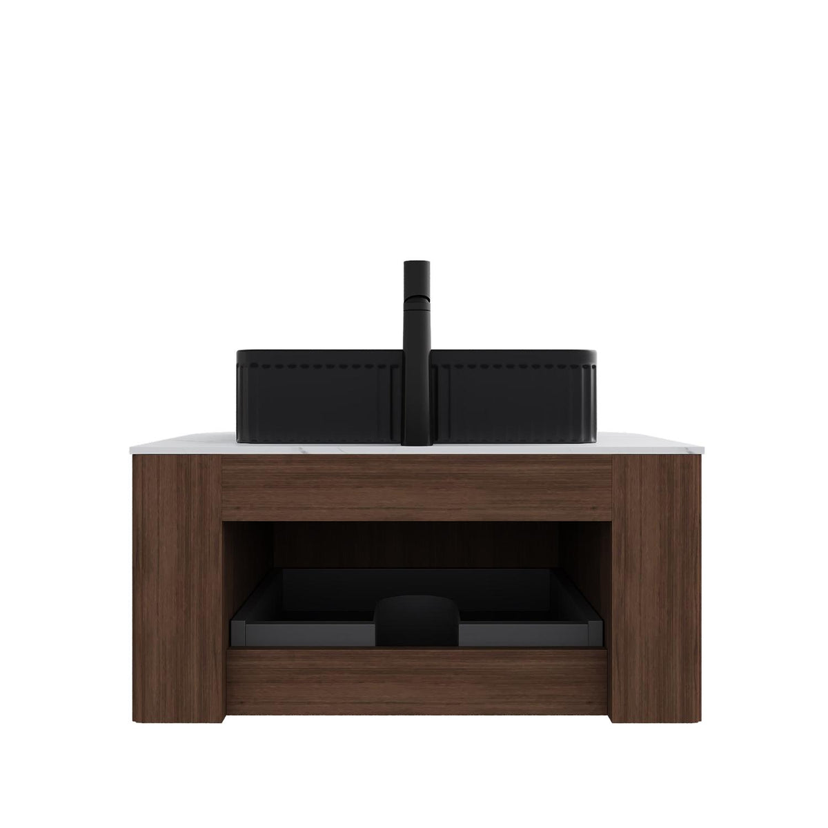 30" Brown Wood Floating Bathroom Vanity With Black Sink