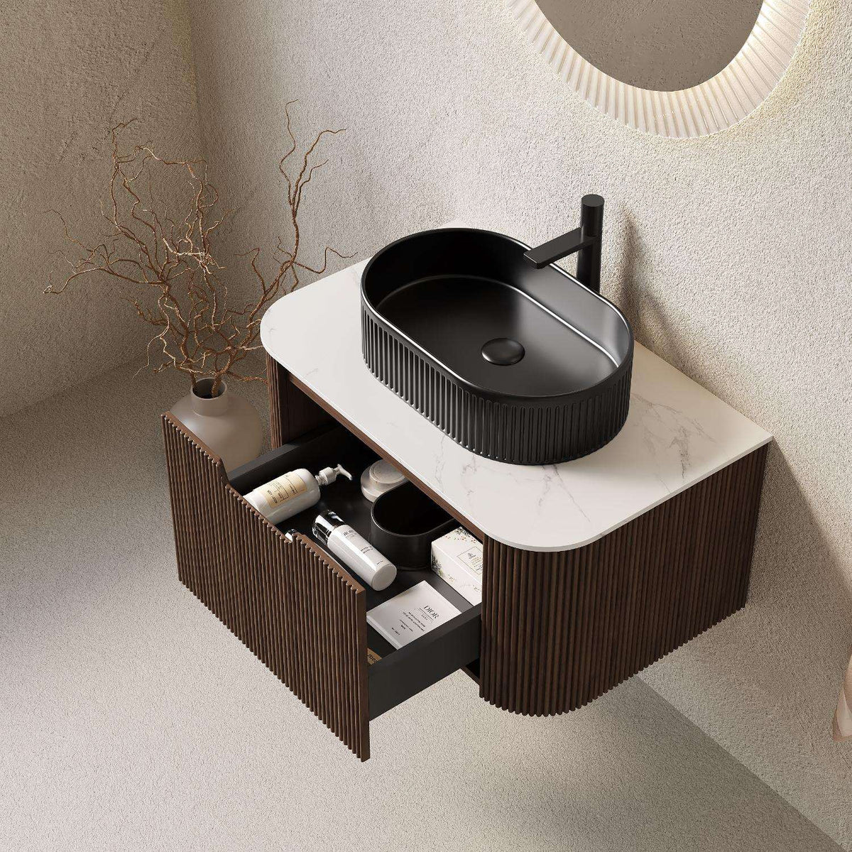 30" Brown Wood Floating Bathroom Vanity With Black Sink - HomeRoots - Flyclothing LLC