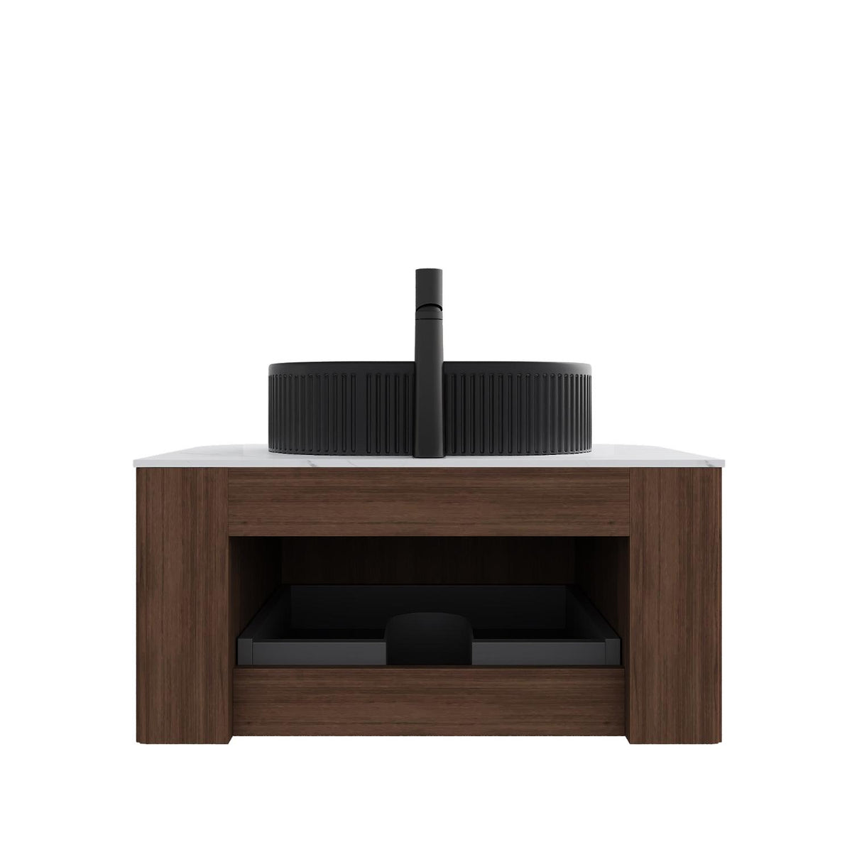 30" Brown Wood Floating Bathroom Vanity With Black Sink - HomeRoots - Flyclothing LLC