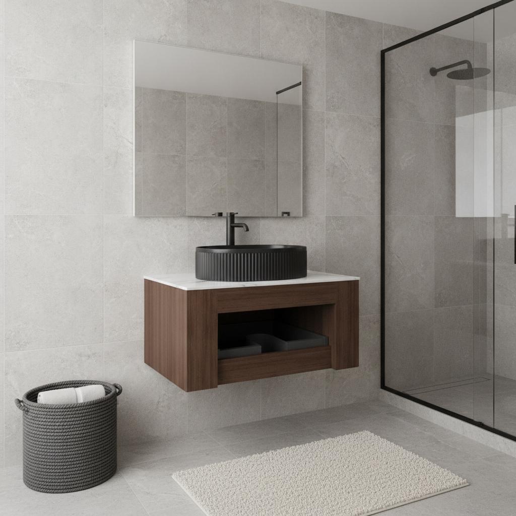30" Brown Wood Floating Bathroom Vanity With Black Sink - HomeRoots - Flyclothing LLC
