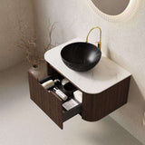 30" Brown Wood Floating Bathroom Vanity With Black Sink