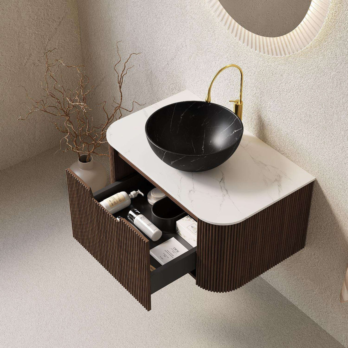30" Brown Wood Floating Bathroom Vanity With Black Sink