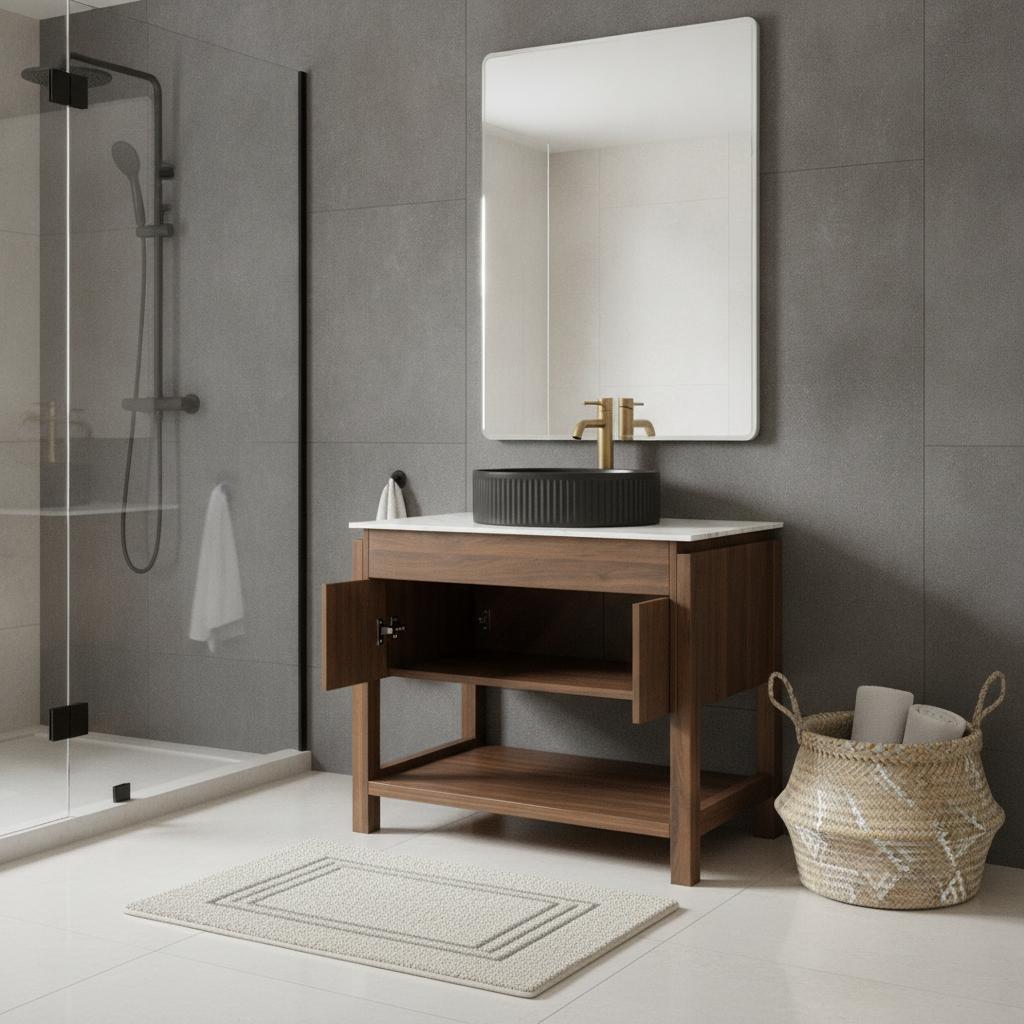 36" Brown Wood Freestanding Double Door Bathroom Vanity With Black Sink - HomeRoots - Flyclothing LLC