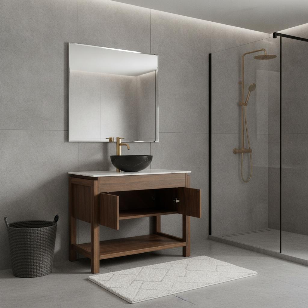 36" Brown Wood Freestanding Double Door Bathroom Vanity With Black Sink - HomeRoots - Flyclothing LLC
