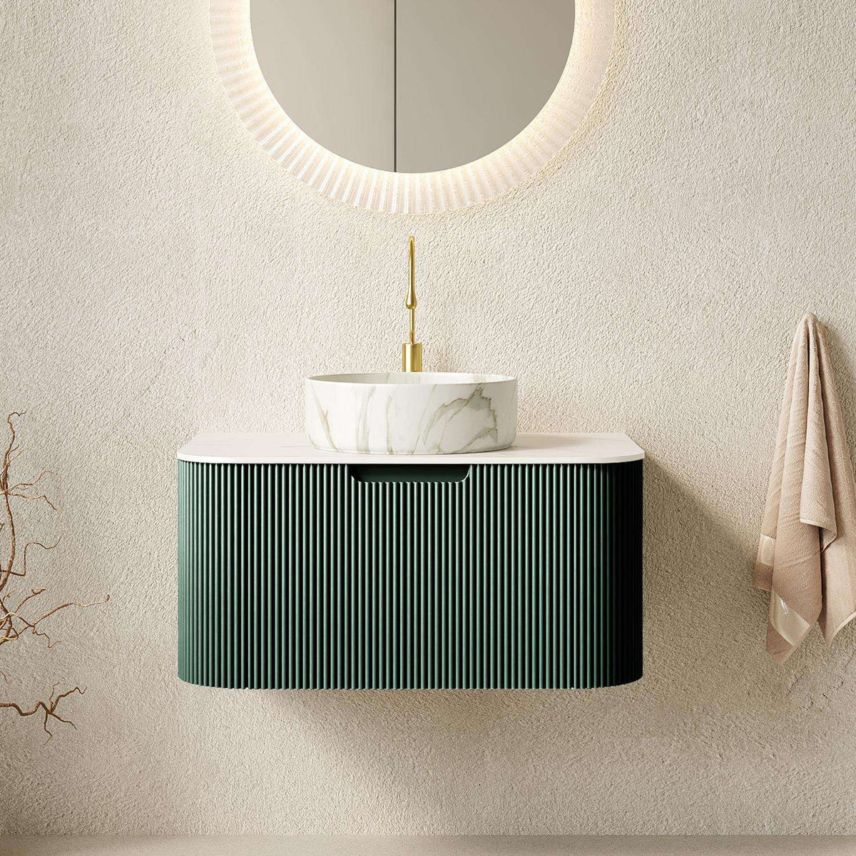 30" Green Wood Floating Bathroom Vanity With White Sink - HomeRoots - Flyclothing LLC