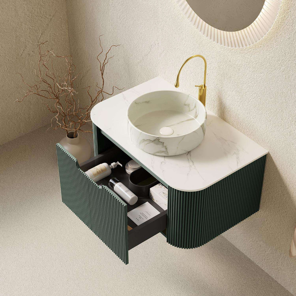 30" Green Wood Floating Bathroom Vanity With White Sink - HomeRoots - Flyclothing LLC
