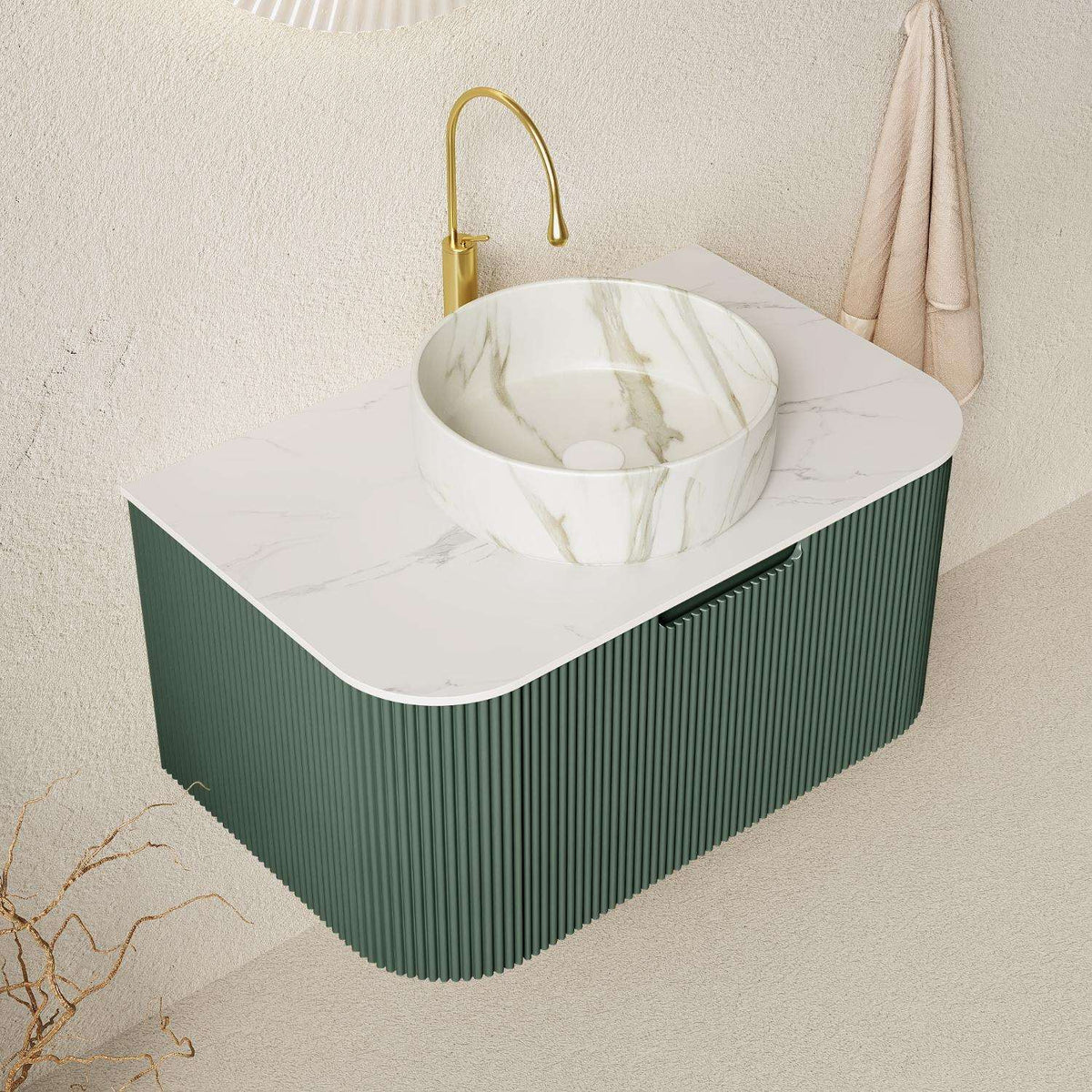 30" Green Wood Floating Bathroom Vanity With White Sink - HomeRoots - Flyclothing LLC