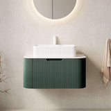 30" Green Wood Floating Bathroom Vanity With White Sink