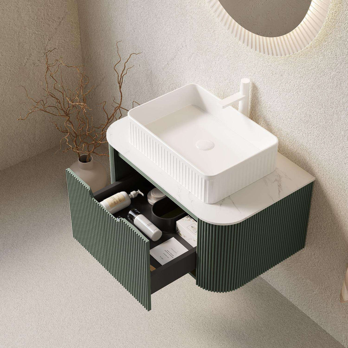 30" Green Wood Floating Bathroom Vanity With White Sink
