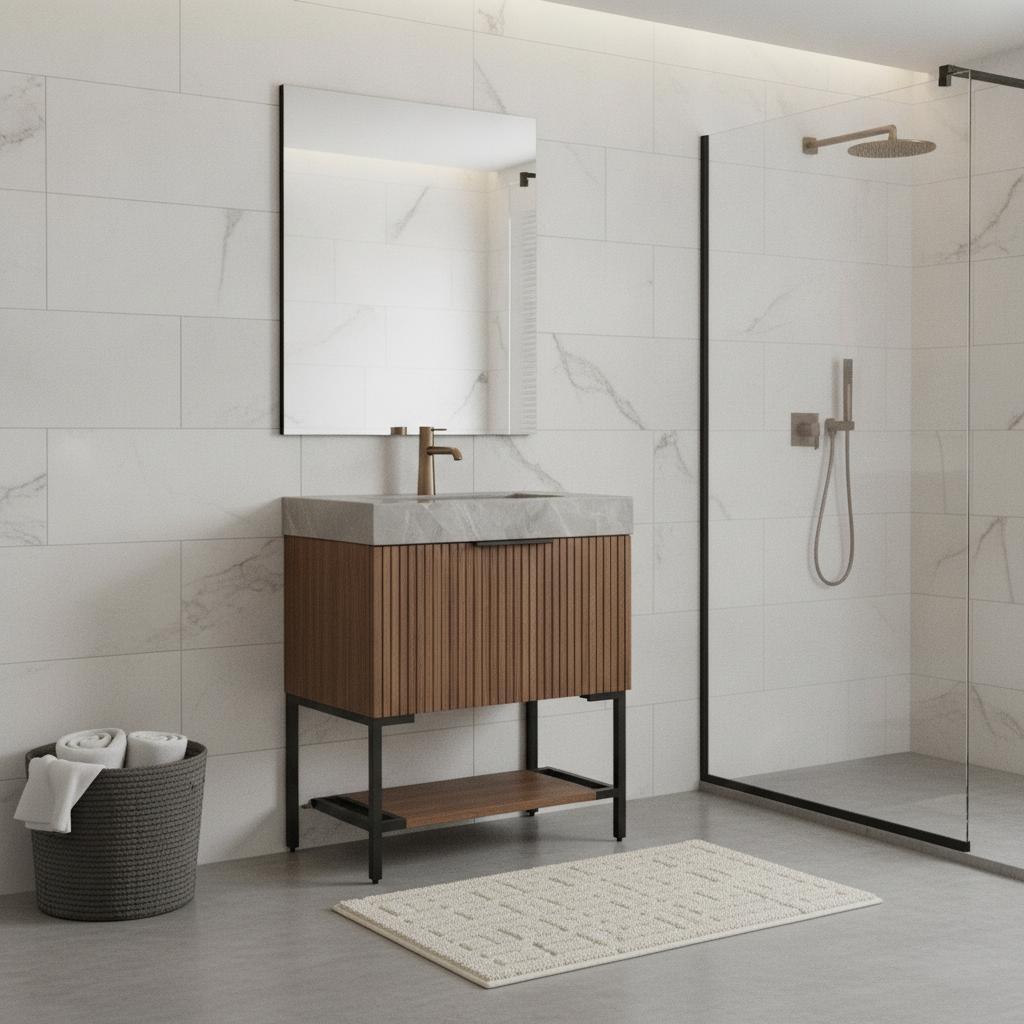 30" Brown Wood Freestanding Bathroom Vanity With White Sink - HomeRoots - Flyclothing LLC
