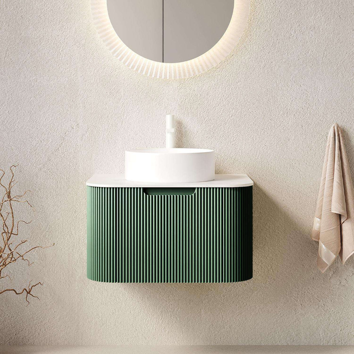 24" Green Wood Floating Bathroom Vanity With White Sink