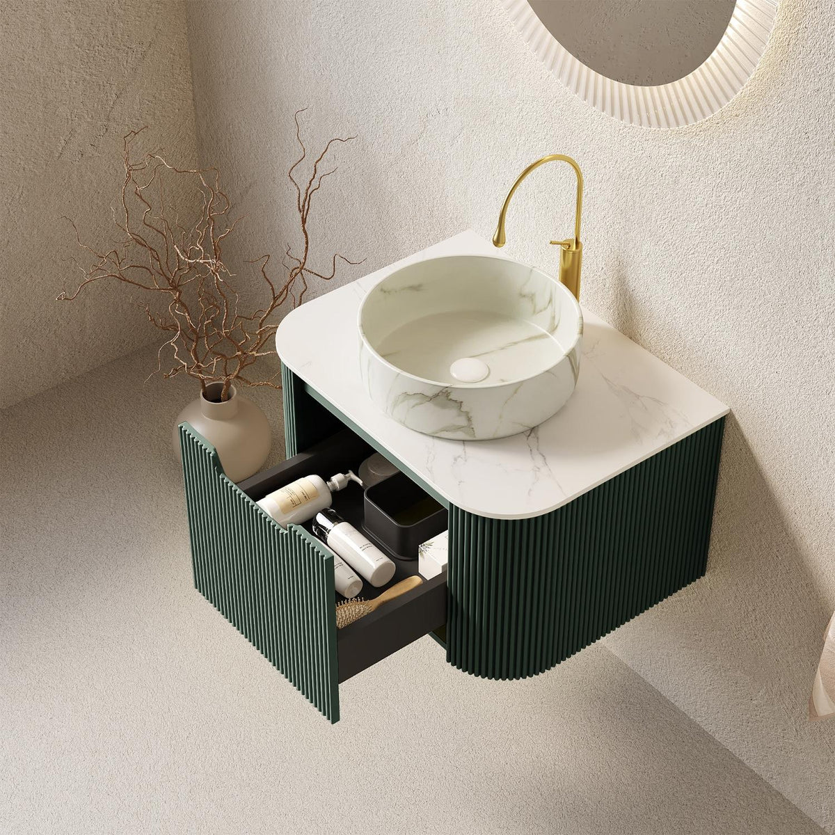 24" Green Wood Floating Bathroom Vanity With White Sink