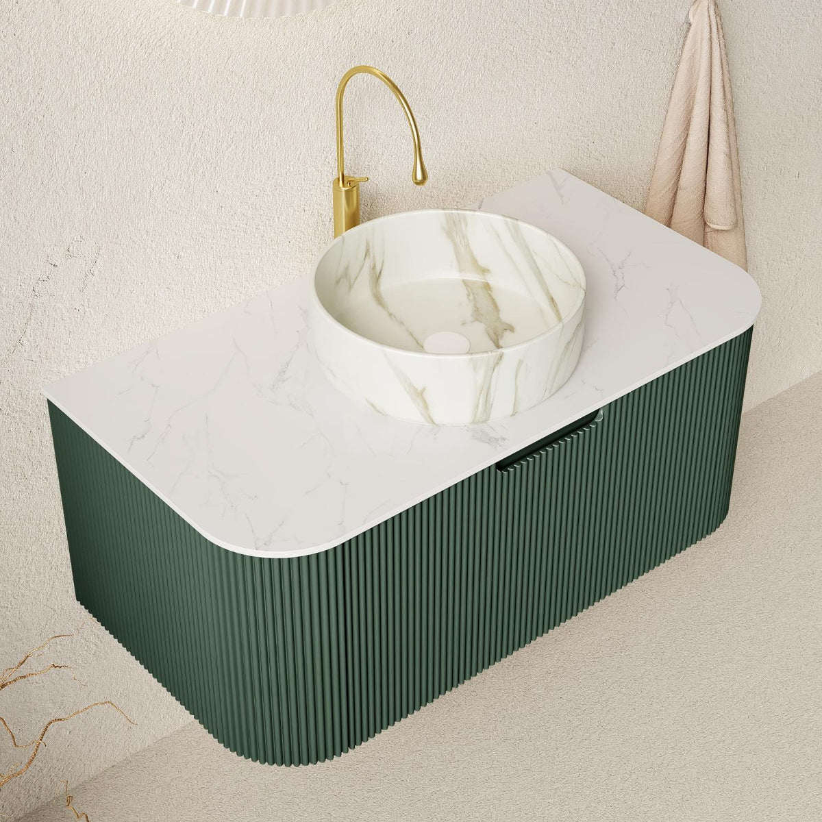 36" Green Wood Floating Bathroom Vanity With White Sink - HomeRoots - Flyclothing LLC