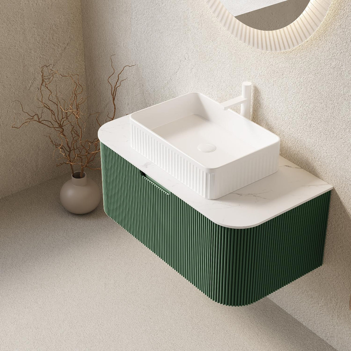 36" Green Wood Floating Bathroom Vanity With White Sink