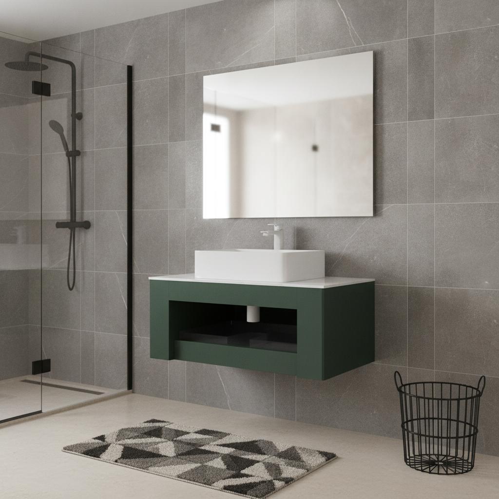 36" Green Wood Floating Bathroom Vanity With White Sink