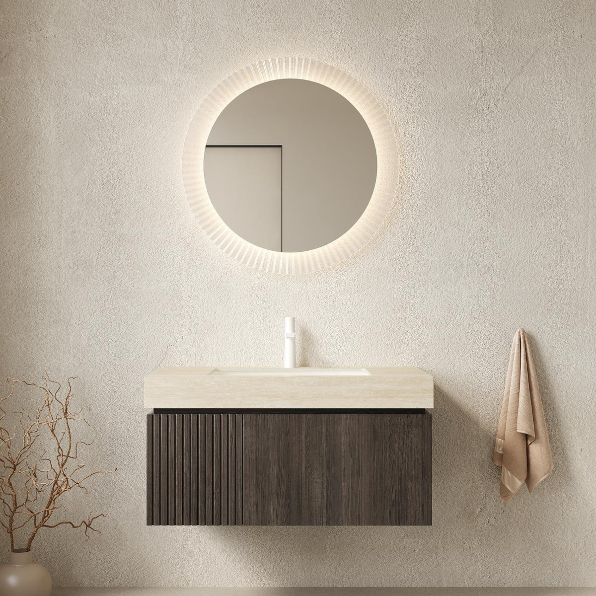 36" Black Wood Floating Single Door Bathroom Vanity With White Sink