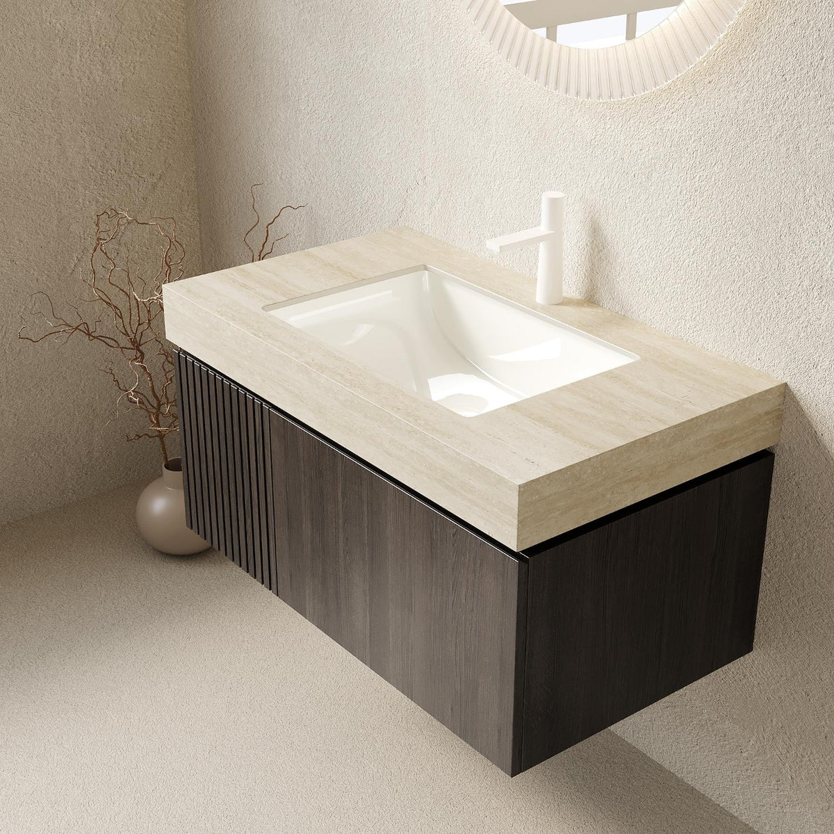36" Black Wood Floating Single Door Bathroom Vanity With White Sink