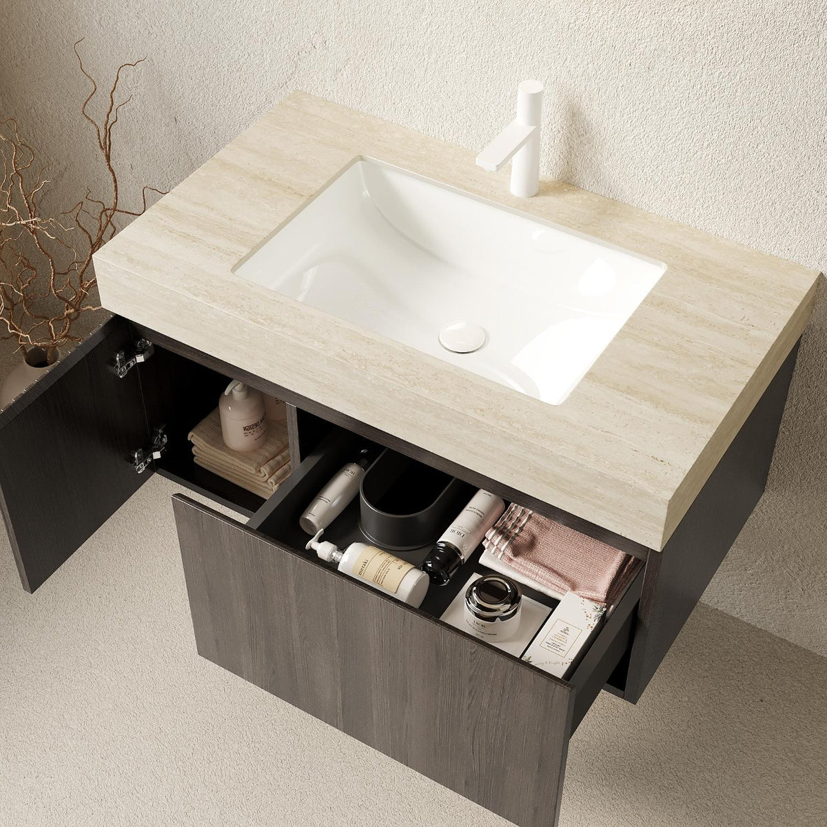 36" Black Wood Floating Single Door Bathroom Vanity With White Sink