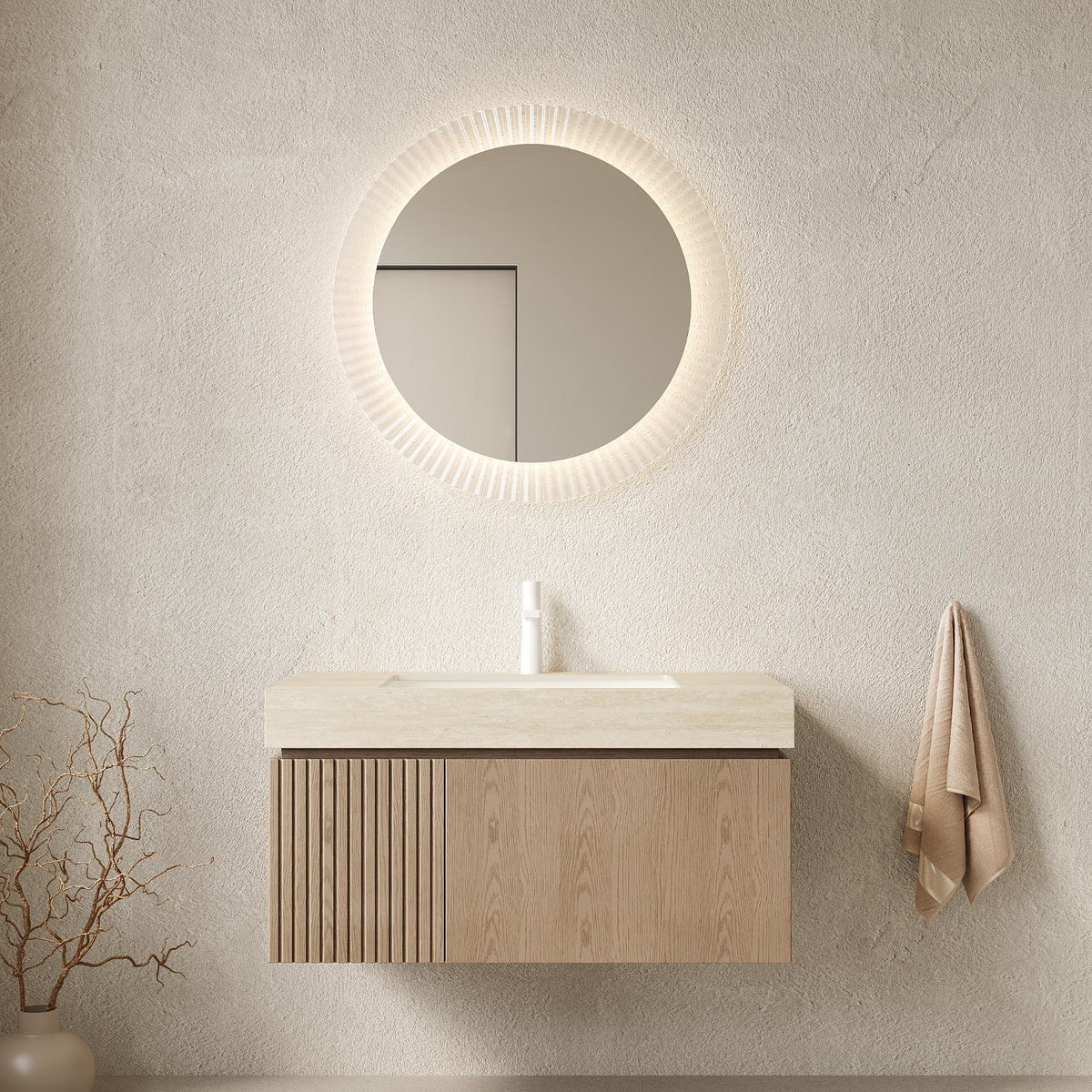 36" Brown Wood Floating Single Door Bathroom Vanity With White Sink