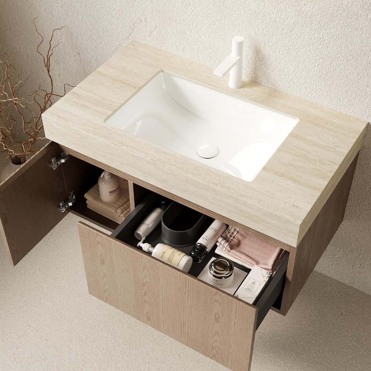 36" Brown Wood Floating Single Door Bathroom Vanity With White Sink