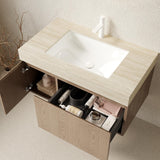 36" Brown Wood Floating Single Door Bathroom Vanity With White Sink