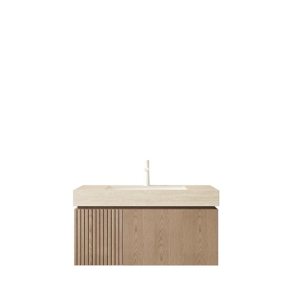 36" Brown Wood Floating Single Door Bathroom Vanity With White Sink