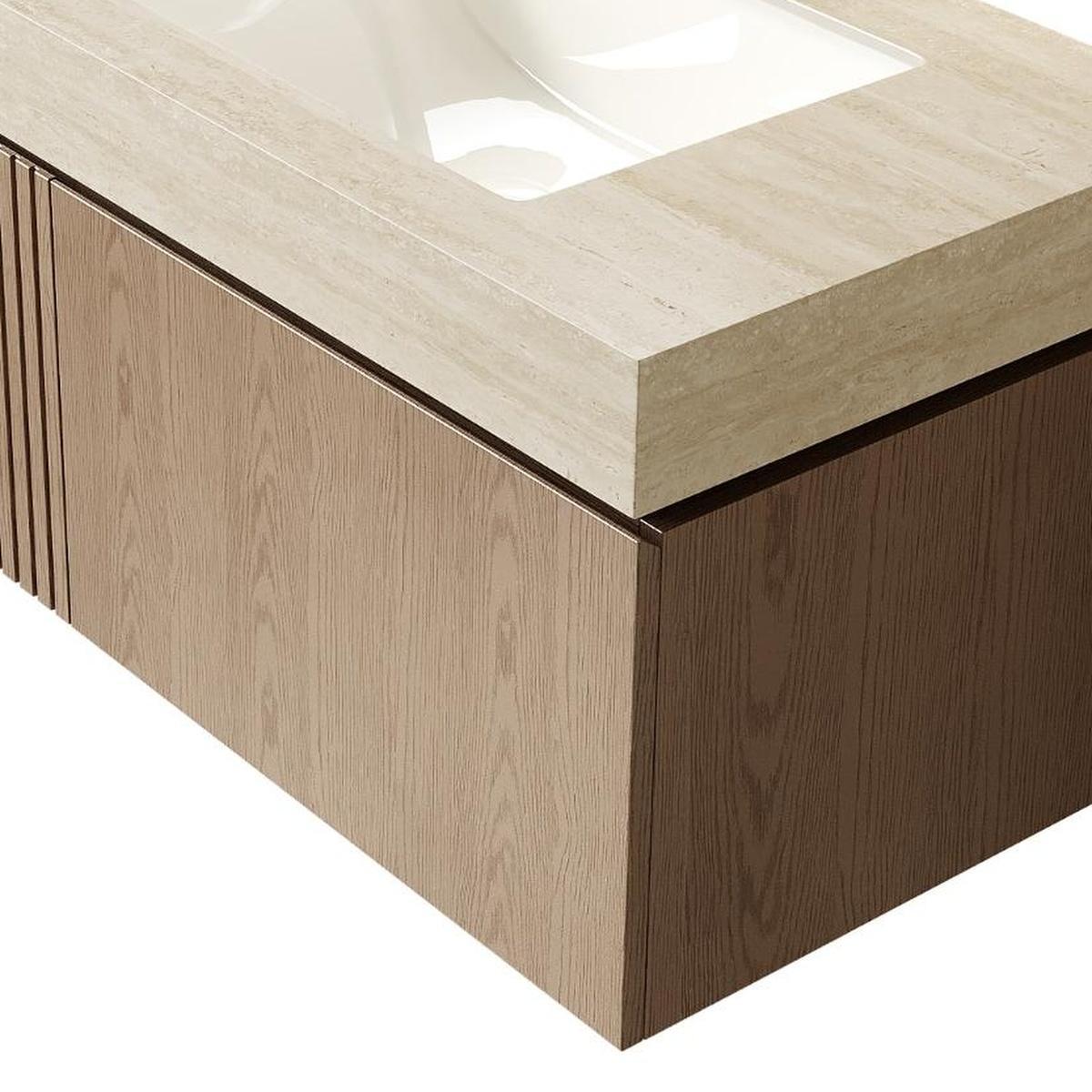 36" Brown Wood Floating Single Door Bathroom Vanity With White Sink