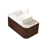 36" Brown Wood Floating Bathroom Vanity With White Sink