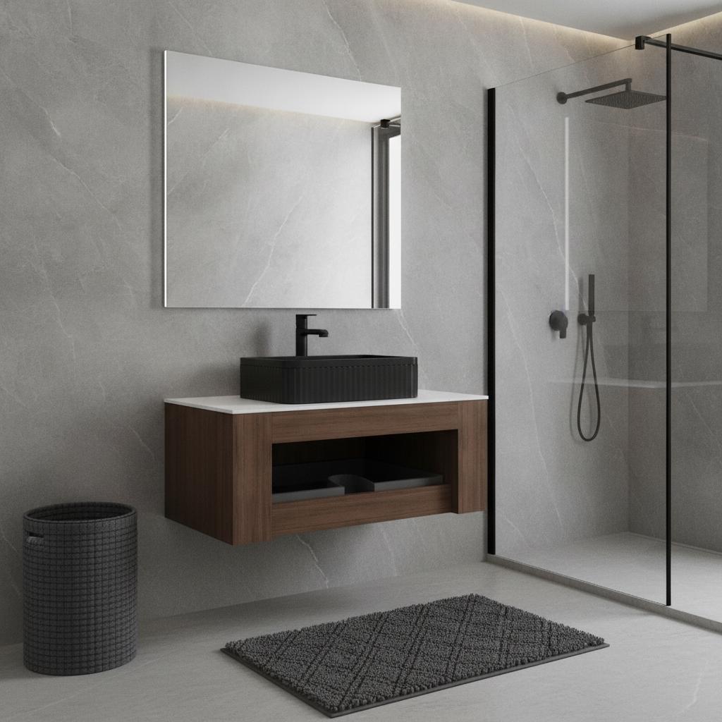 36" Brown Wood Floating Bathroom Vanity With Black Sink - HomeRoots - Flyclothing LLC
