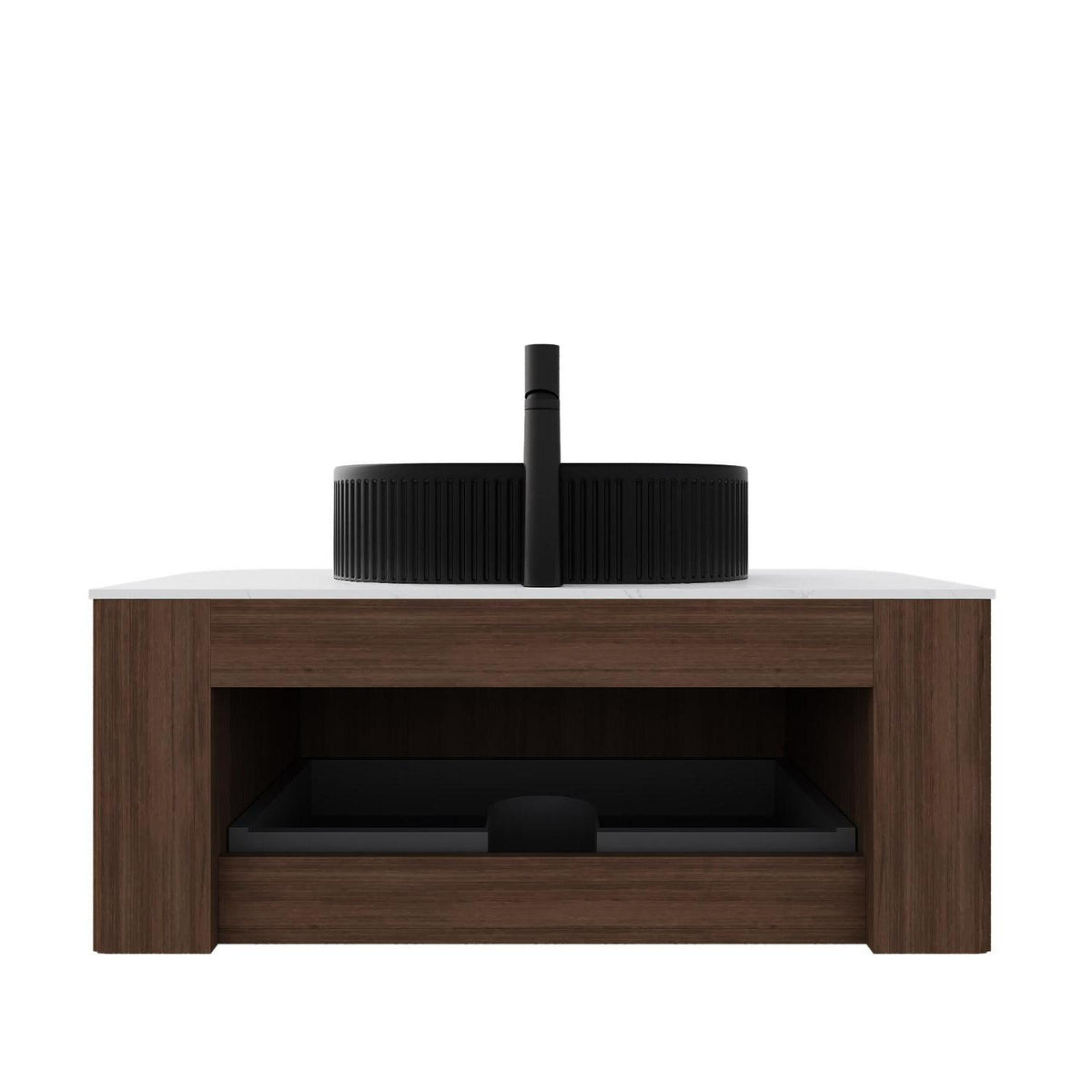 36" Brown Wood Floating Bathroom Vanity With Black Sink - HomeRoots - Flyclothing LLC