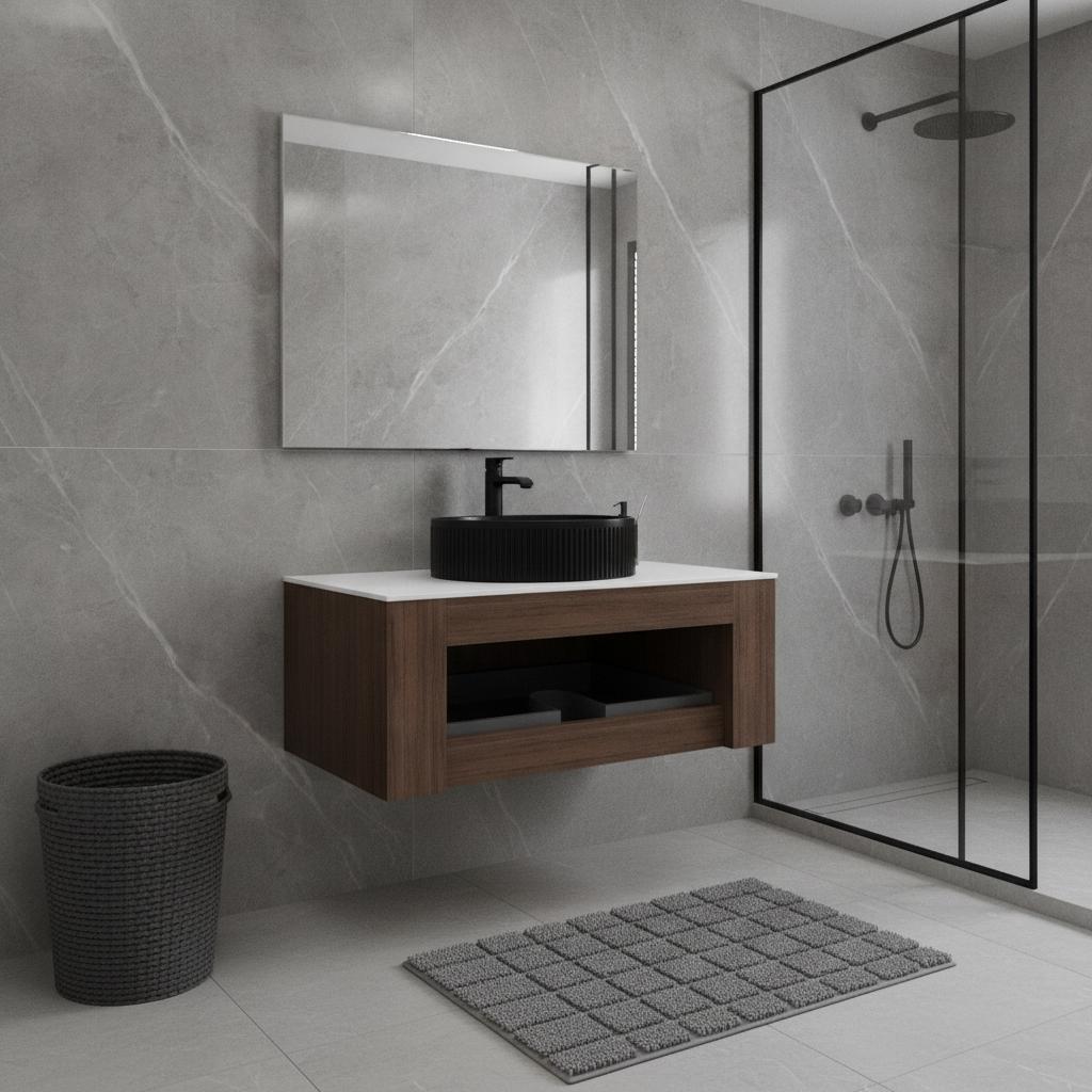 36" Brown Wood Floating Bathroom Vanity With Black Sink - HomeRoots - Flyclothing LLC