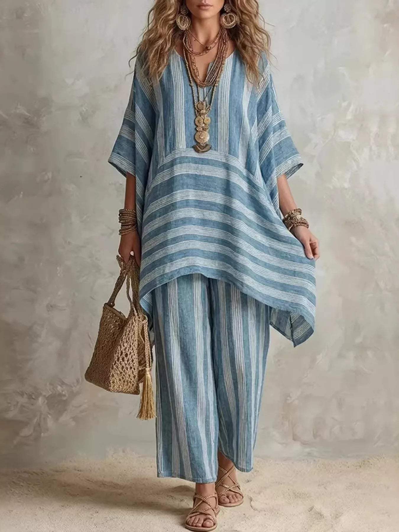 Bohemian Stripe Top and Pants Set - Trendsi - Flyclothing LLC